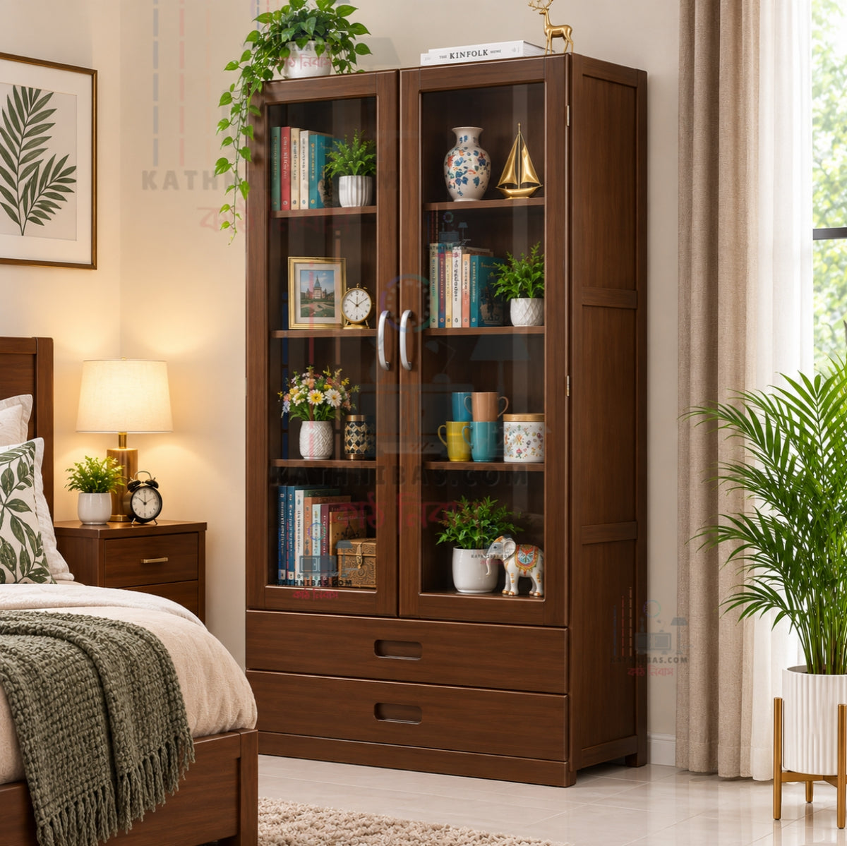 Premium Solid Wooden Glass Door Bookshelf & Display Cabinet – Home & Office Furniture