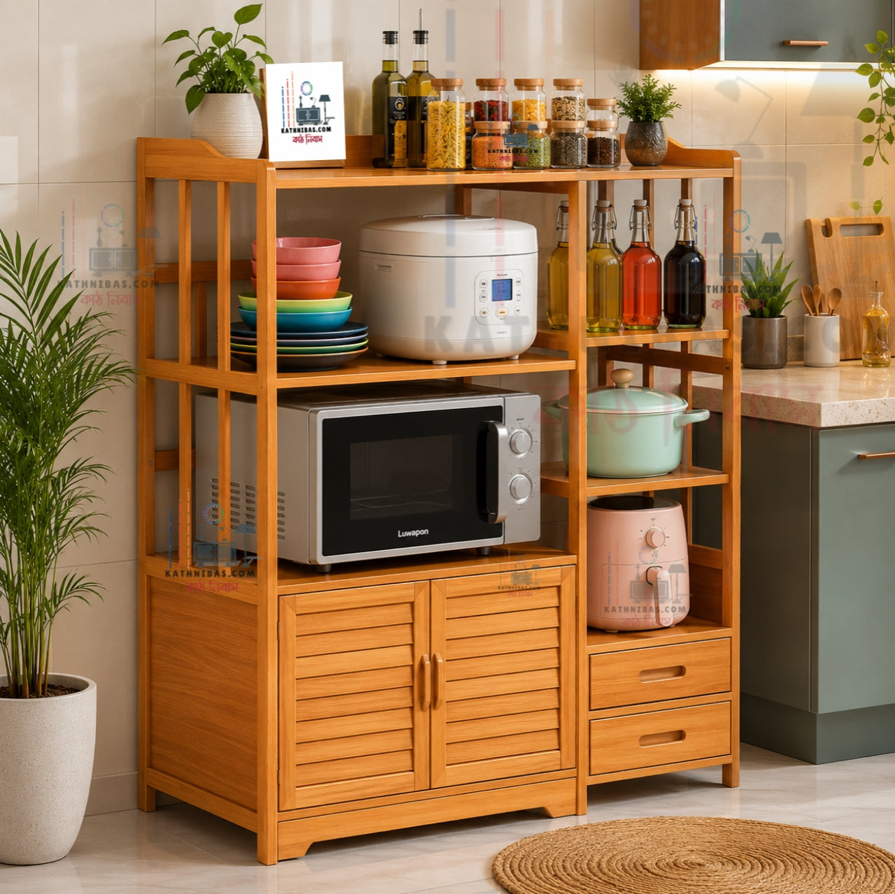 Stylish Wooden Microwave Rack with Storage Cabinet