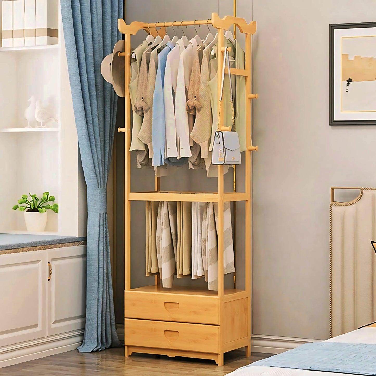 Wooden Multi Layer Alna Witn 8 Side Hook And 2 Drawers For Bedroom