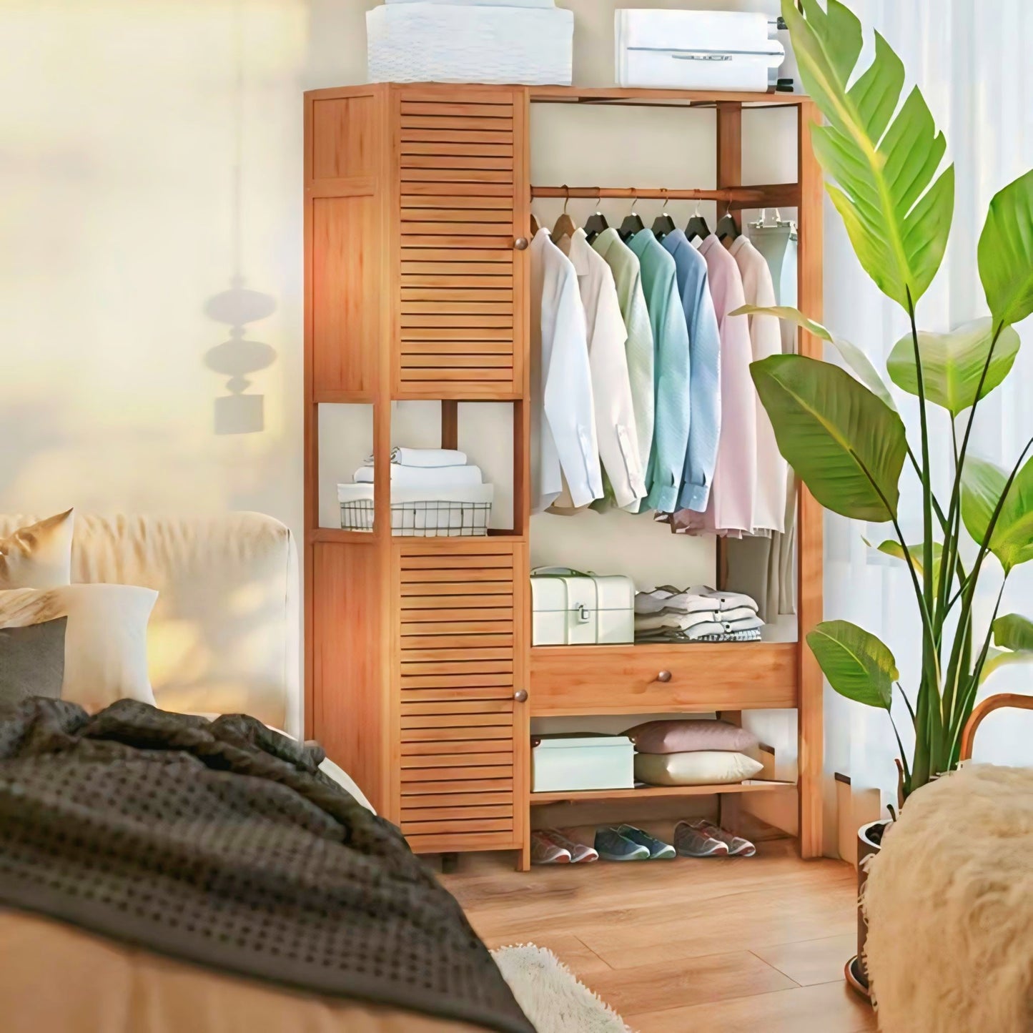 Minimalist Bedroom Closets Storage Organizer | Wooden Clothes Stand | wooden Alna