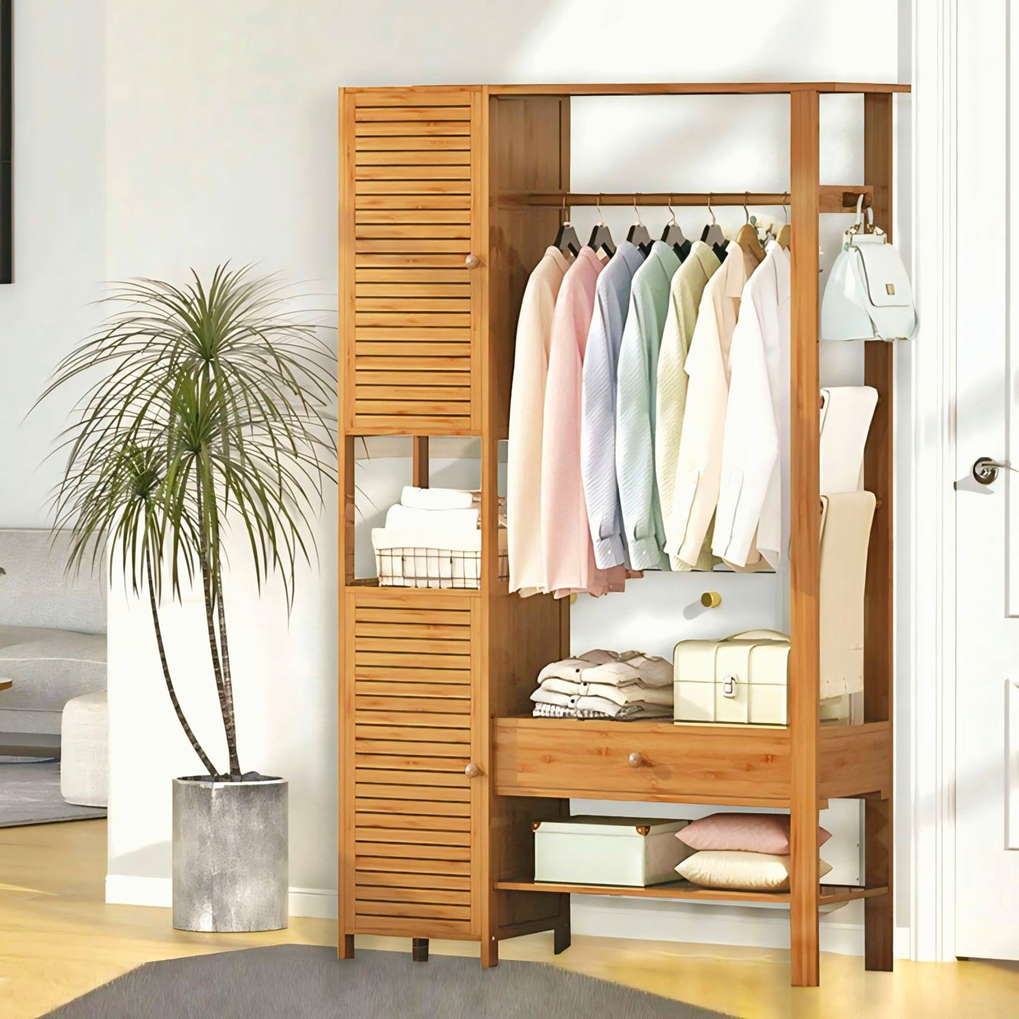 Minimalist Bedroom Closets Storage Organizer | Wooden Clothes Stand | wooden Alna