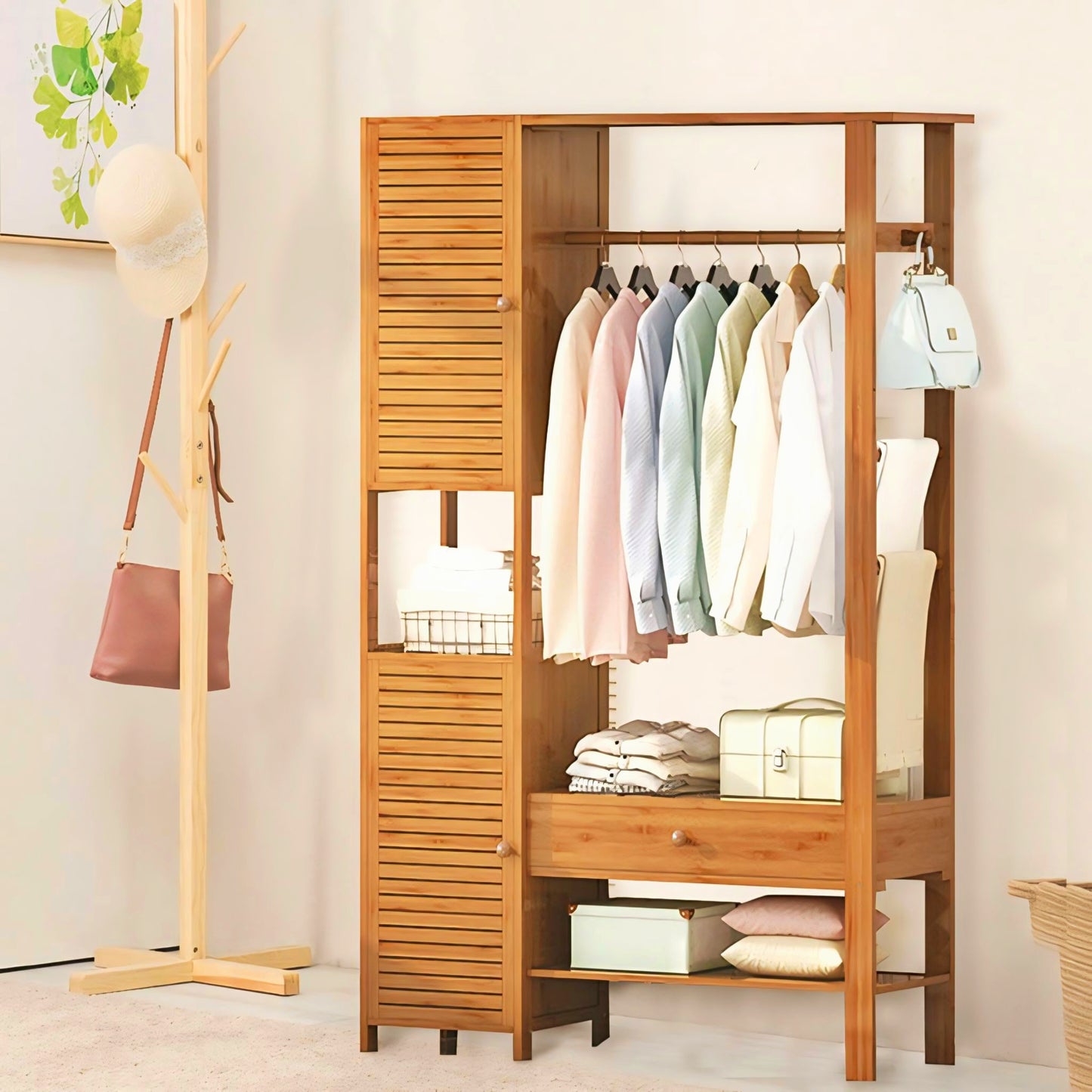 Minimalist Bedroom Closets Storage Organizer | Wooden Clothes Stand | wooden Alna