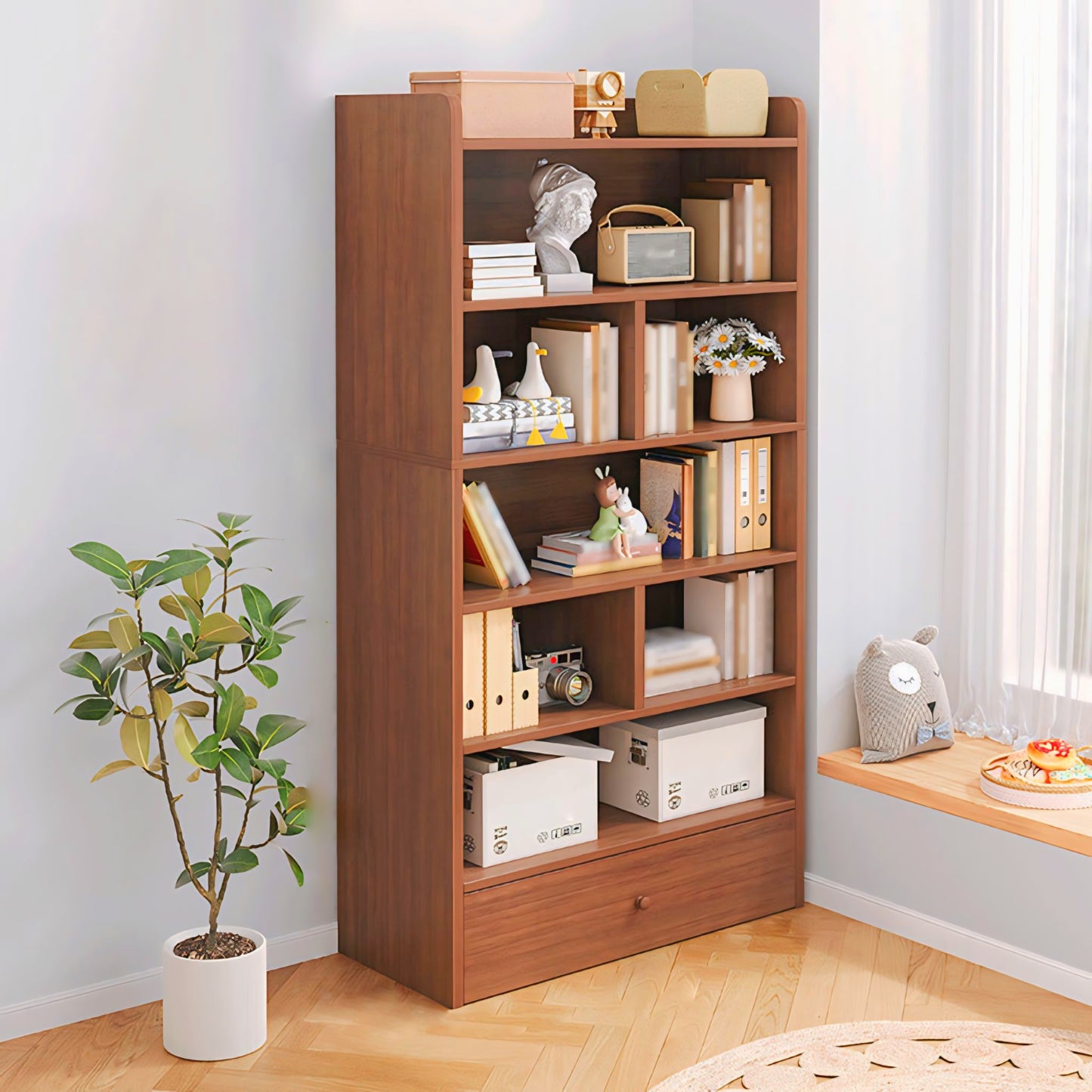 Bookshelf \ Wooden 6 Shelves and 1 drawer Bookcases