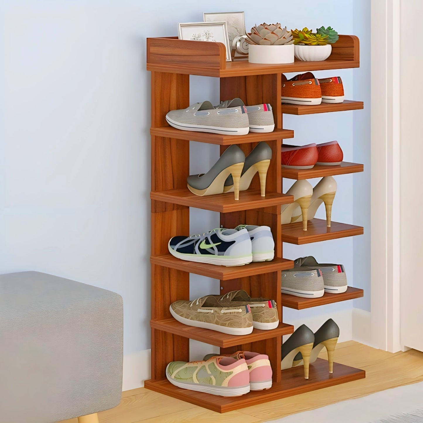 Shoe Rack | Wooden Double Row Shoe Rack