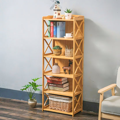 Modern Wooden 5 Tier Bookshelf Open Shelves X Design