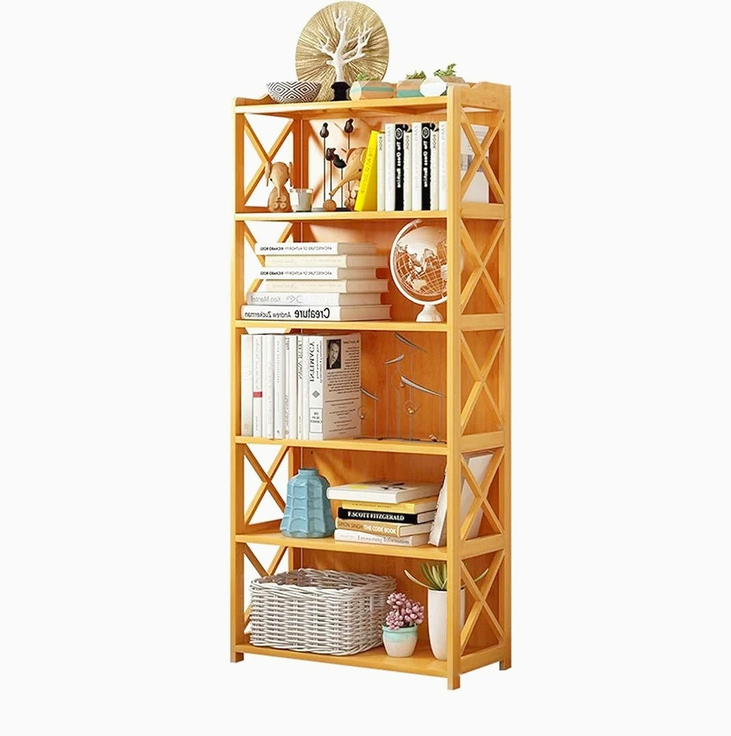 Modern Wooden 5 Tier Bookshelf Open Shelves X Design