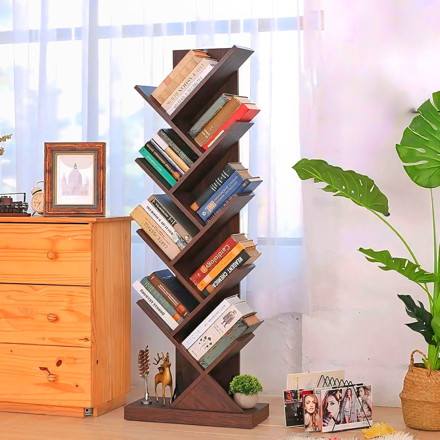 Wooden 9-Tier Tree Shape Book Shelf | Wooden Tree Shape Bookshelf for Office & Home