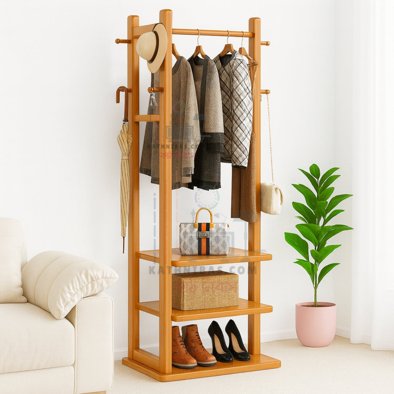 Solid Wooden Clothes Stand | with 3 Storage Shelf and 6 Hook