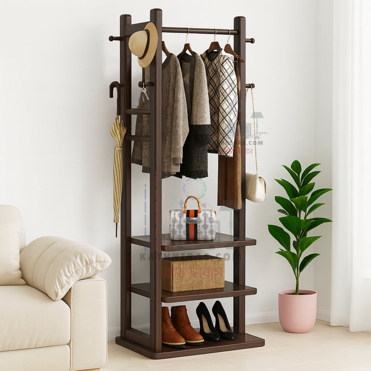 Solid Wooden Clothes Stand | with 3 Storage Shelf and 6 Hook