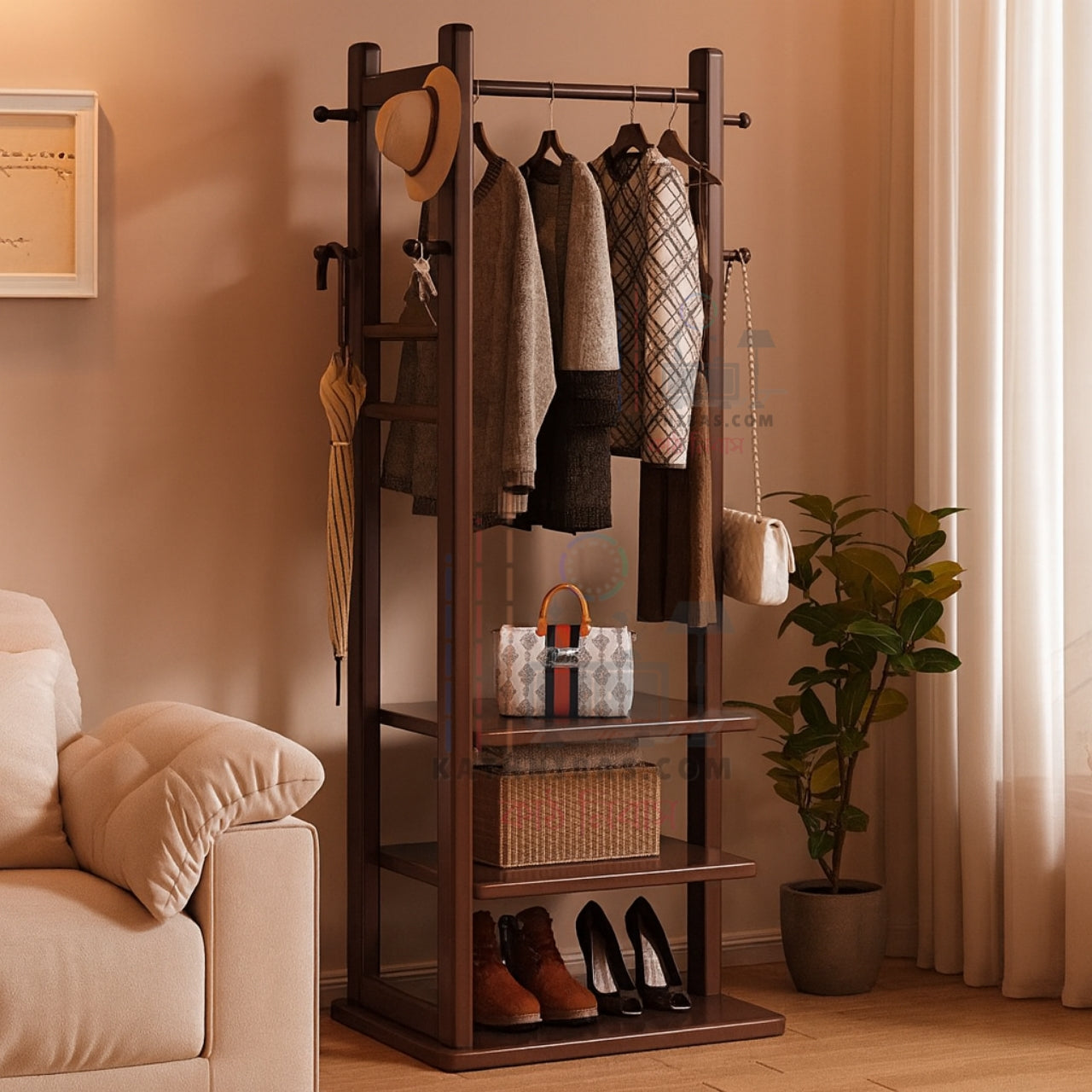 Solid Wooden Clothes Stand | with 3 Storage Shelf and 6 Hook