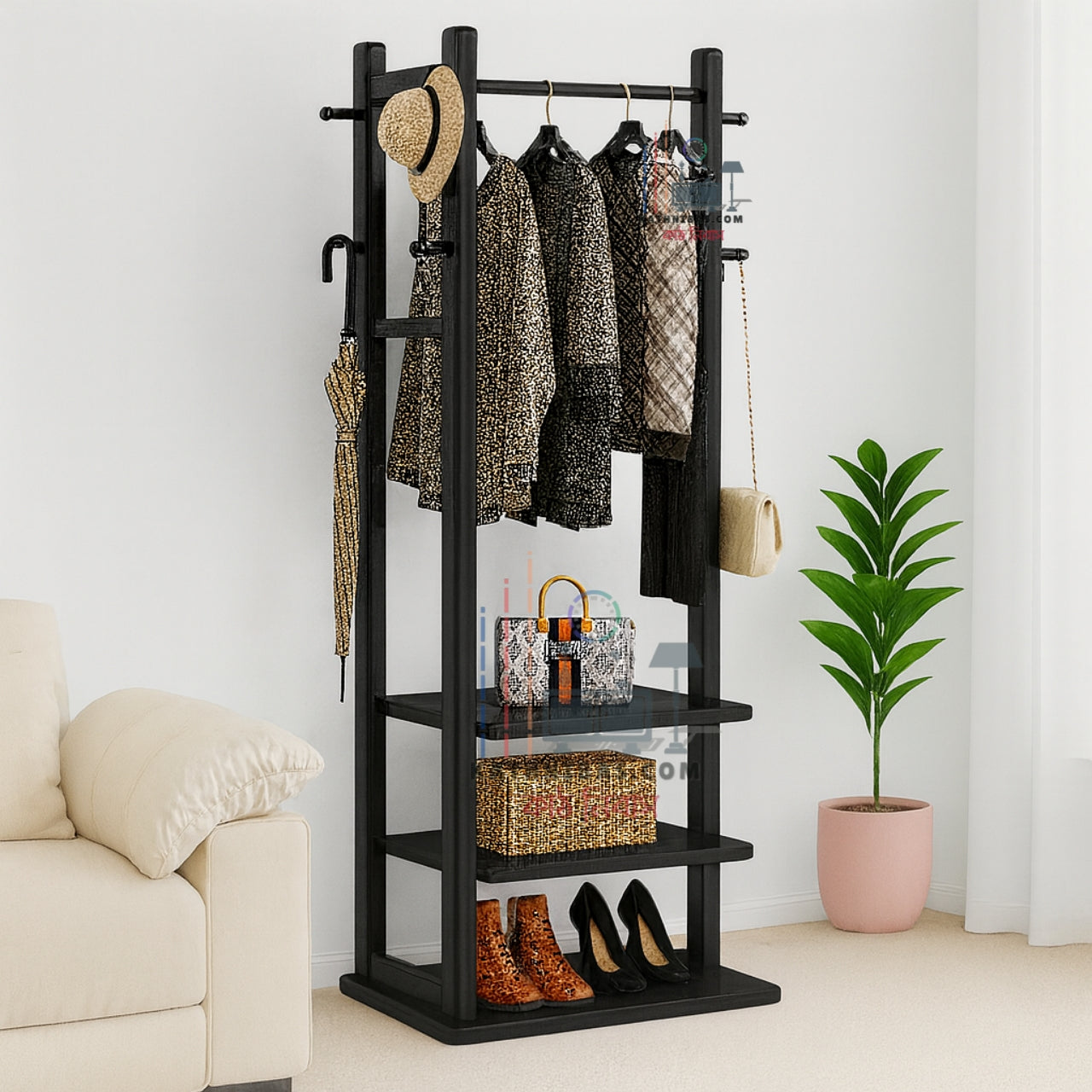 Solid Wooden Clothes Stand | with 3 Storage Shelf and 6 Hook