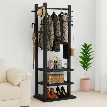 Solid Wooden Clothes Stand | with 3 Storage Shelf and 6 Hook