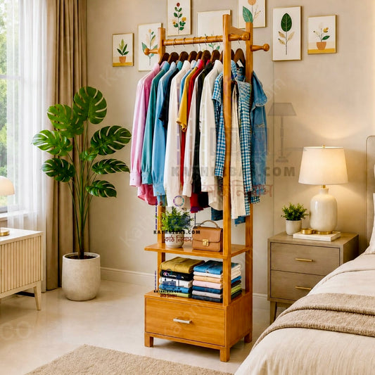 Stylish Wooden Alna with  drawer & storage Shelf | Elegant Wooden cloth Hanger with Storage Shelf