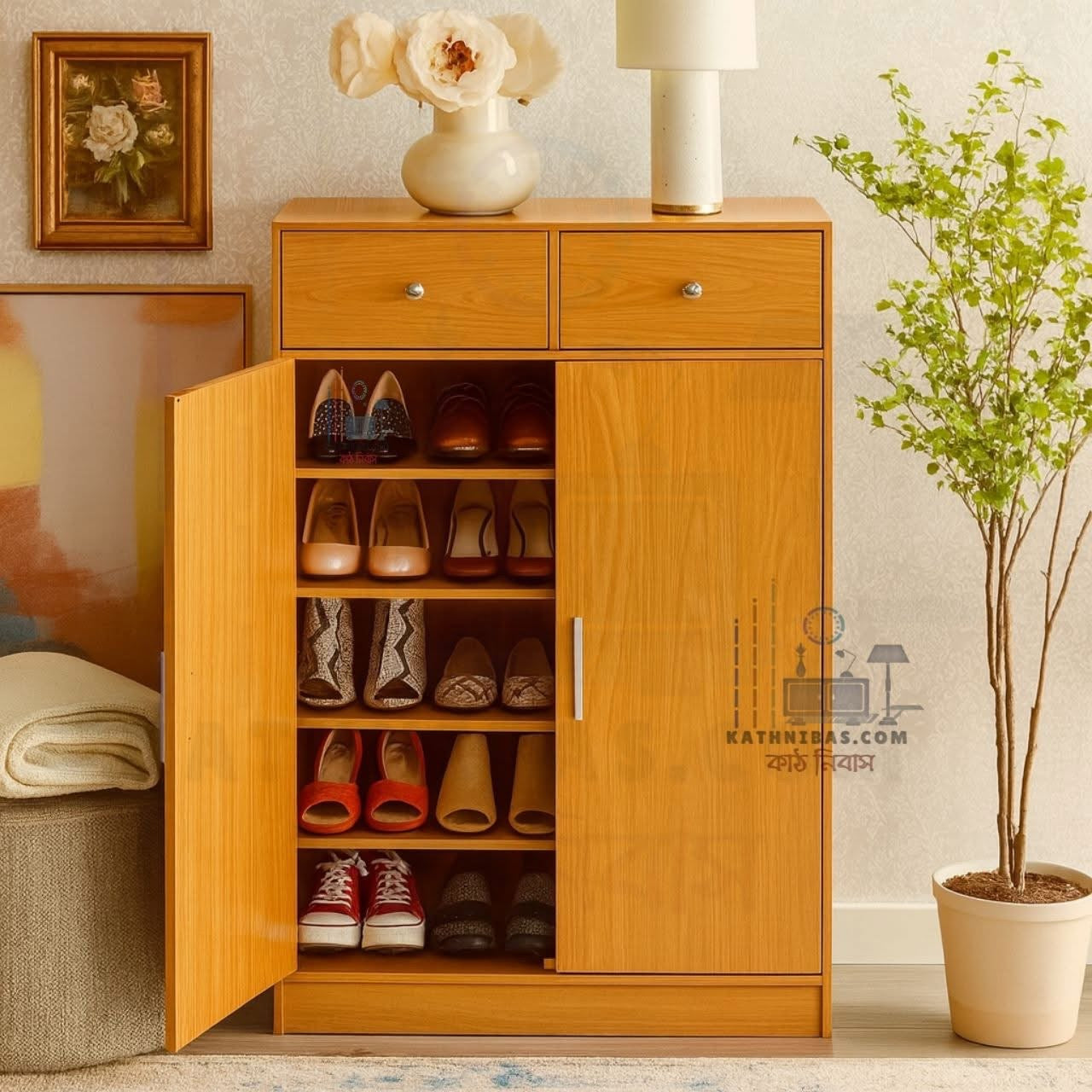 Wooden Shoe Cabinet with 2 Drawers 5-Tier Modern Shoe Rack