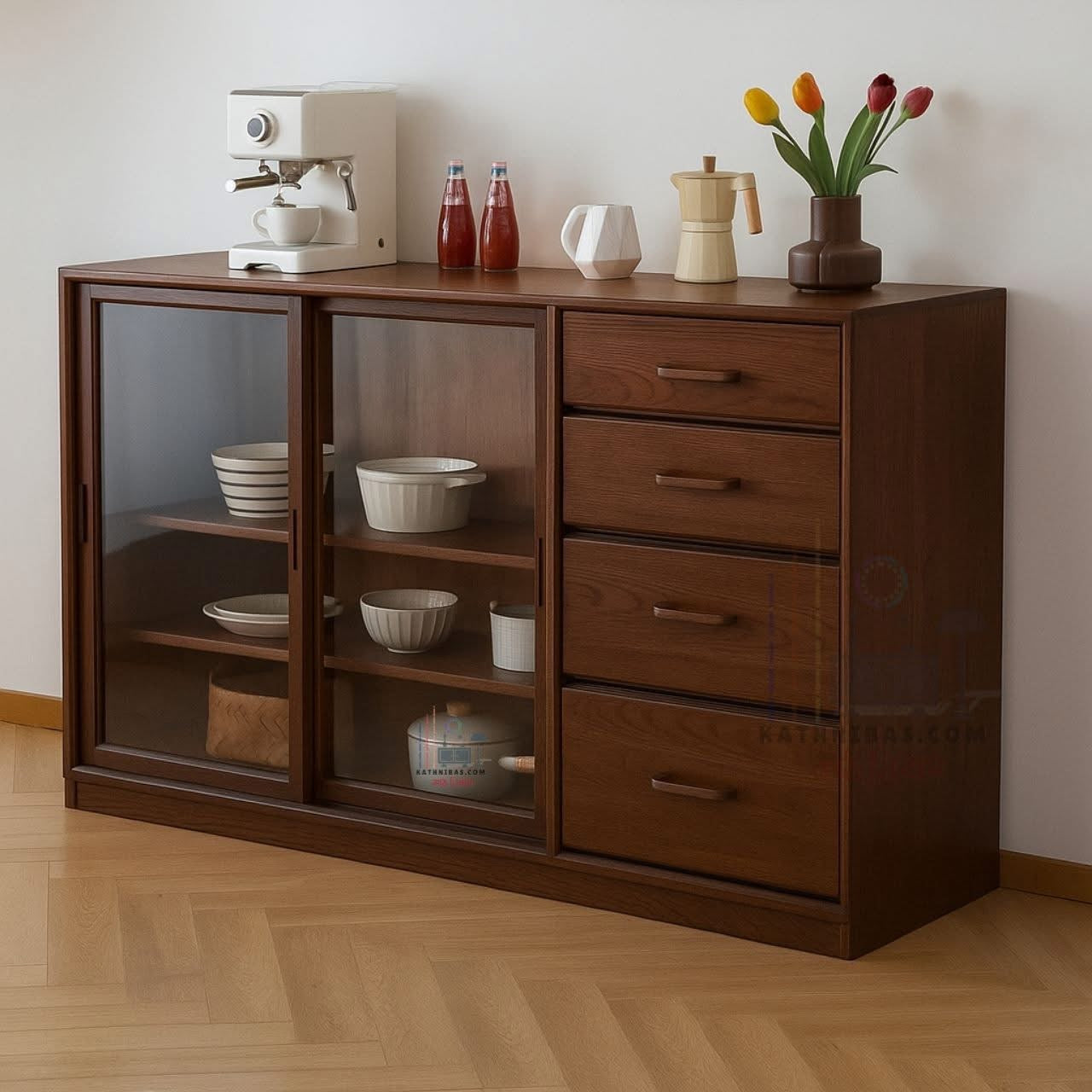 Elegant Wooden Storage Cabinet with Glass Door
