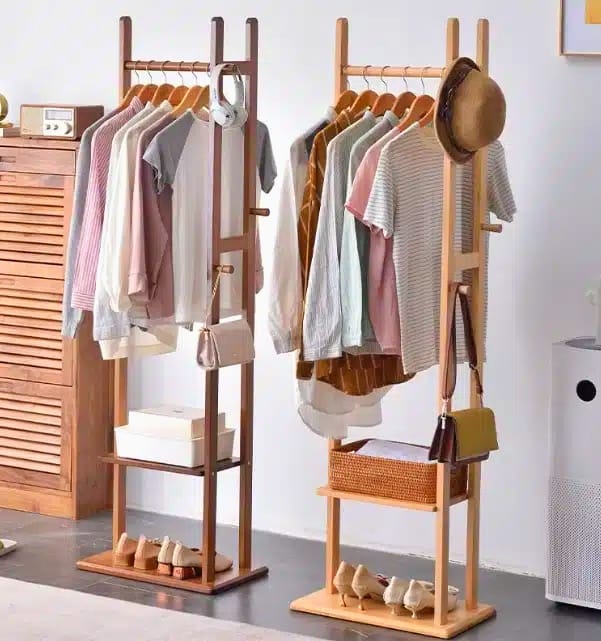 Wooden Multi Layer Alna With 3 Side Hook And 2 Shelf For Bedroom | wooden cloth stand