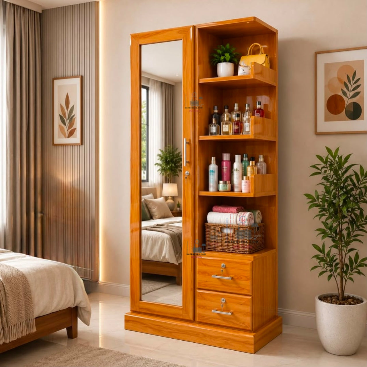 Premium Wooden Dressing Table & Cabinet with Full-Door Mirror & Side Storage Shelves