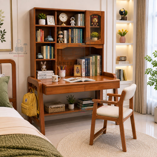 Modern Study Table with Bookshelf Wooden Writing Desk with Comfortable Chair