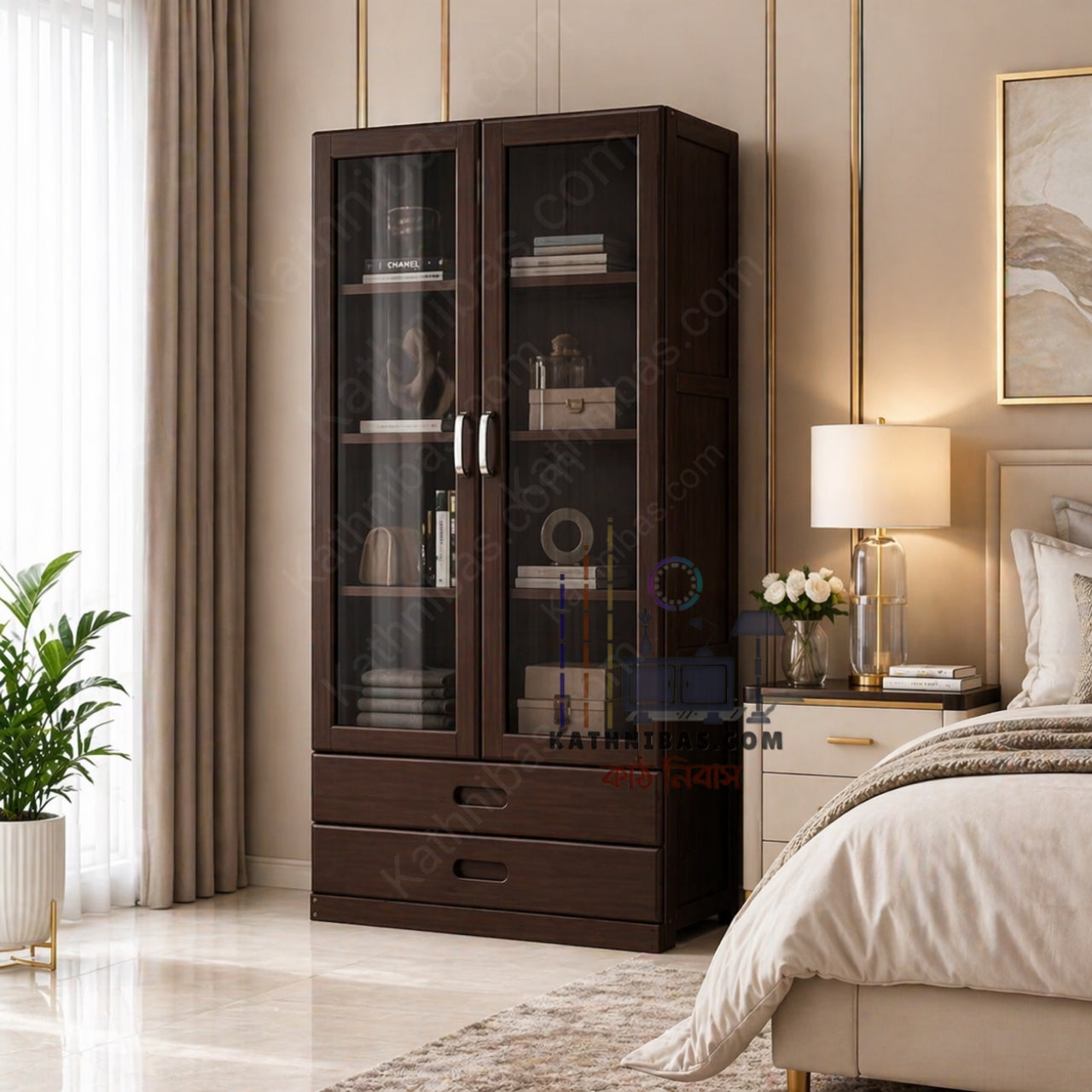 Solid Wooden Book Shelf for Living Room | Premium Storage Cabinet with Mirror Glass Door