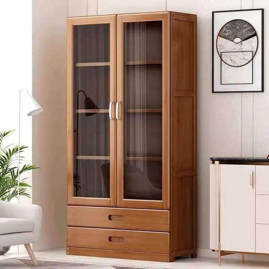 Solid Wooden Book Shelf for Living Room | Premium Storage Cabinet with Mirror Glass Door