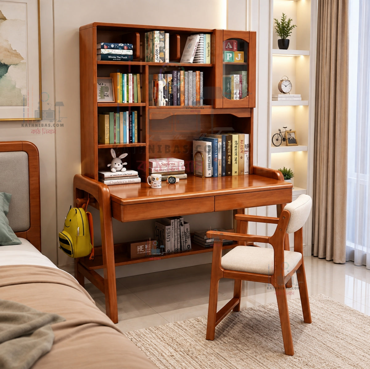 Modern Study Table with Bookshelf Wooden Writing Desk with Comfortable Chair