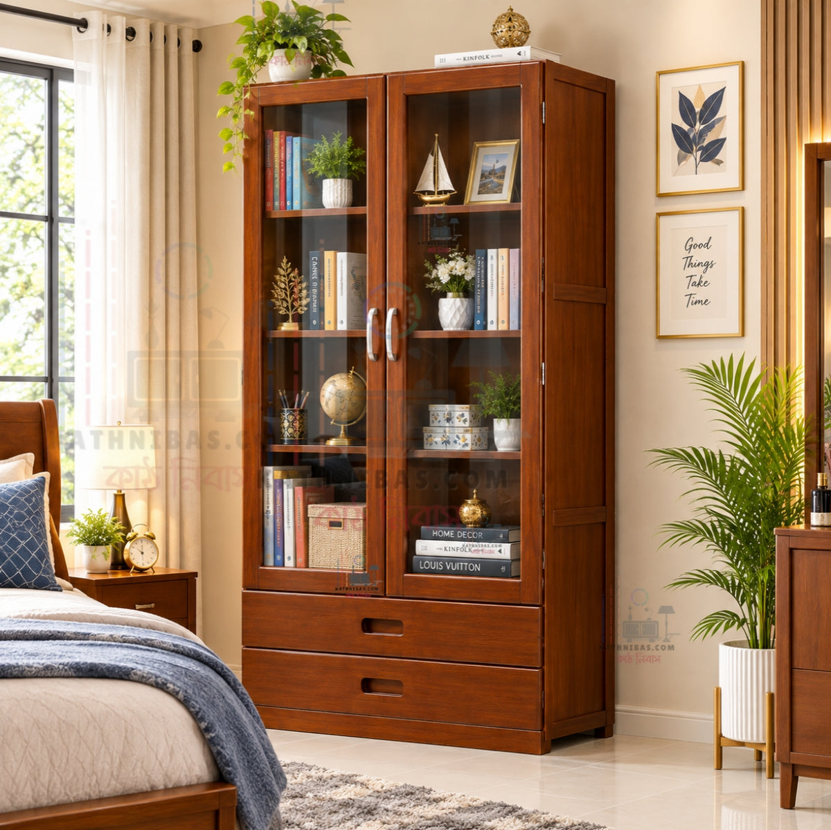 Premium Solid Wooden Glass Door Bookshelf & Display Cabinet – Home & Office Furniture