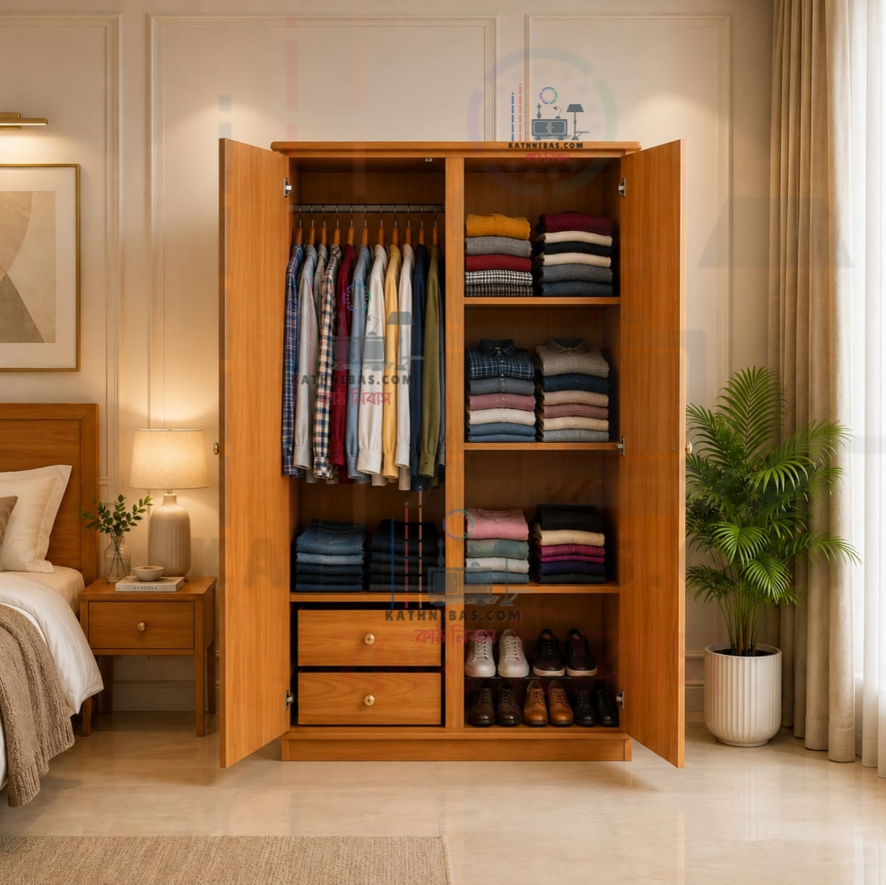 Premium Solid Wooden Almirah with Hanging & Storage Shelves and 2 Drawers