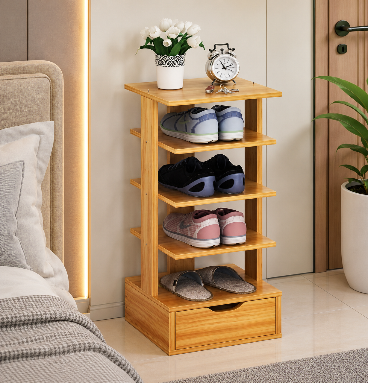 Space Saving Wooden Shoe Rack for Entryway and Bedroom