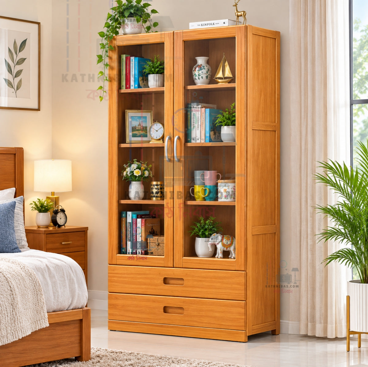 Premium Solid Wooden Glass Door Bookshelf & Display Cabinet – Home & Office Furniture