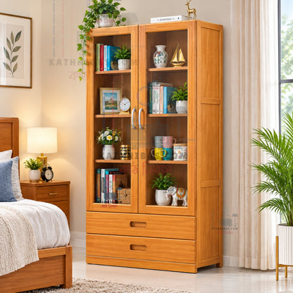 Premium Solid Wooden Glass Door Bookshelf & Display Cabinet – Home & Office Furniture