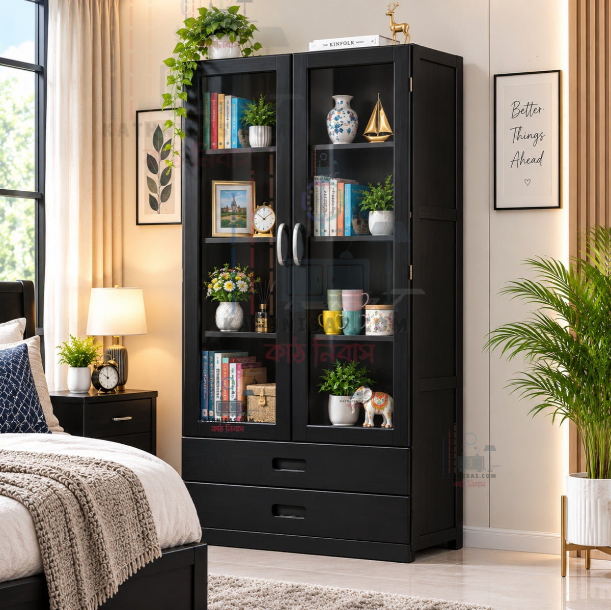Premium Solid Wooden Glass Door Bookshelf & Display Cabinet – Home & Office Furniture